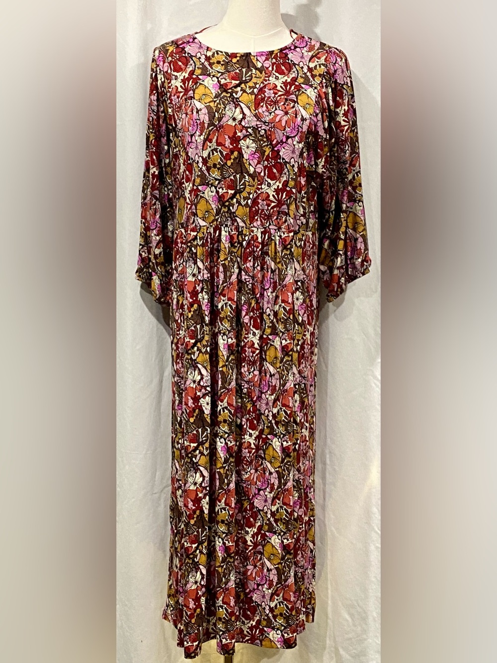 Soyaconcept Bohemian Floral Maxi Dress in Pink, Brown and Black Retro Look Sz.S